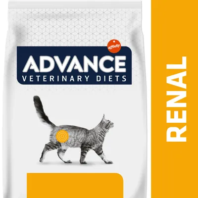 Advance Veterinary Diets Renal pre mačky, nápis affinity, obrázok mačky s oranžovým terčom na boku, veľký text RENAL na oranžovom pruhu vpravo.