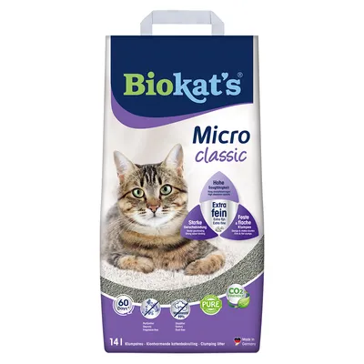Biokat's Micro Classic nisip pentru pisici, absorbție ridicată, extra fin, control puternic al mirosului, bulgări plați și solizi, ecologic CO2, fabricat în Germania, 14L.