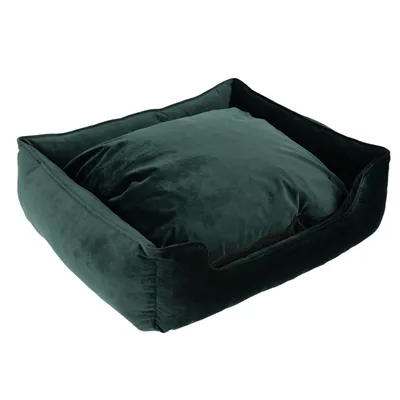 Letto rettangolare per pet, verde scuro, con rivestimento in tessuto morbido e lati rialzati.