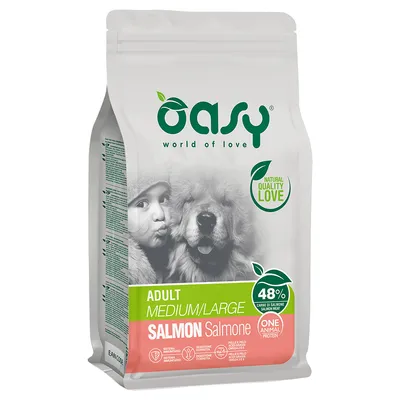 Oasy Adult Medium/Large Somon. 48% protein animal din somon. Natural Quality Love. One Animal Protein.