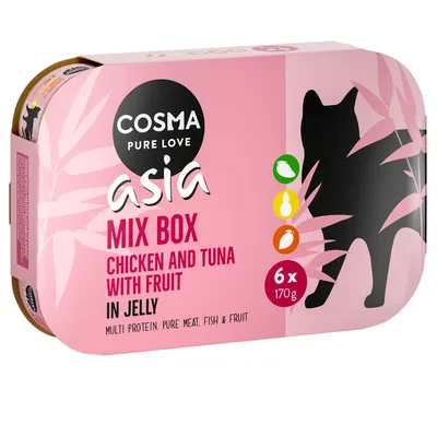 Cosma Asia Mix Box, kylling og tun med frugt i gelé, 6x170g. Multi Protein: rent kød, fisk og frugt.