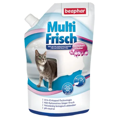 Опаковка beaphar Multi Frisch за котешки тоалетни, Orchidée Zauber. Видими текстове: Urin-Einkapsel-Technologie, Hält Katzenstreu länger frisch, Vollständig biologisch abbaubar, pH-neutral.