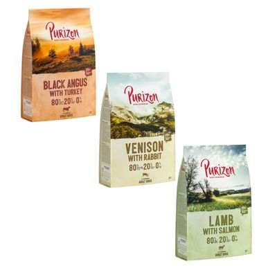 15 zł taniej! Pakiet próbny Purizon, bez zbóż, 3 x 1 kg Adult, dziczyzna i królik, 1 kg + Adult, jagnięcina i łosoś, 1 kg + Adult, wołowina Black-Angus i indyk, 1 kg
