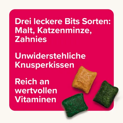 Drei leckere Bits Sorten: Malt, Katzenminze, Zahnies. Unwiderstehliche Knusperkissen. Reich an wertvollen Vitaminen.