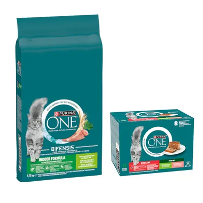 9,75 kg PURINA ONE + 24 x 85 g SterilCat Terrine vegyes csomag nedvestáp ingyen - Indoor Formula 9,75 kg PURINA ONE + 24 x 85 g SterilCat Terrine vegyes csomag nedvestáp ingyen - Indoor Formula