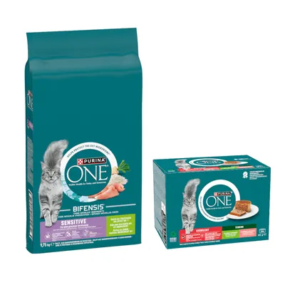 9,75 kg PURINA ONE + 24 x 85 g SterilCat Terrine vegyes csomag nedvestáp ingyen - Sensitive pulyka 9,75 kg PURINA ONE + 24 x 85 g SterilCat Terrine vegyes csomag nedvestáp ingyen - Sensitive pulyka