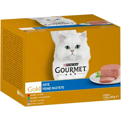 Purina Gourmet Gold Pâté fijne paté, 24x85g, varianten: rund, konijn, lam, kalf. Verpakking met witte kat en afbeelding van paté op bord.