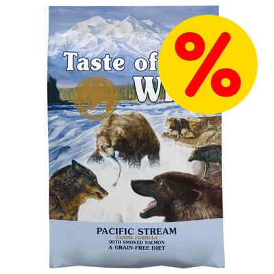Saco de pienso Taste of the Wild Pacific Stream Canine Formula with Smoked Salmon, A Grain-Free Diet. Símbolo de porcentaje en círculo amarillo indica oferta o descuento. Saco de pienso Taste of the Wild Pacific Stream Canine Formula with Smoked Salmon, A Grain-Free Diet. Símbolo de porcentaje en círculo amarillo indica oferta o descuento.