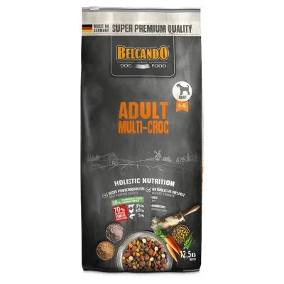 Saco de ração Belcando Dog Food Adult Multi-Croc, indicado para cães adultos, peso líquido 12,5 kg. Texto visível: Super Premium Quality, Holistic Nutrition, Made in Germany. Saco de ração Belcando Dog Food Adult Multi-Croc, indicado para cães adultos, peso líquido 12,5 kg. Texto visível: Super Premium Quality, Holistic Nutrition, Made in Germany.