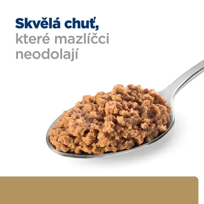 Text v češtine: Skvělá chuť, které mazlíčci neodolají. Lyžica s mletým krmivom pre domáce zvieratá.