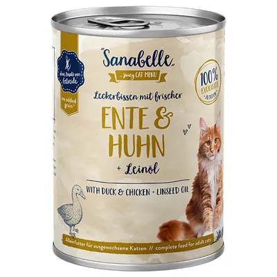 Sanabelle juicy Cat Menu, bitar med färsk anka och kyckling + linfröolja, spannmålsfritt helfoder för vuxna katter, 100 % exklusiva ingredienser.