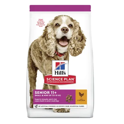 Hill's Science Plan Senior 11+ Small & Mini até 10 kg com frango. Apoia imunidade, articulações e órgãos em cães pequenos idosos. Sem conservantes, corantes ou aromas artificiais.