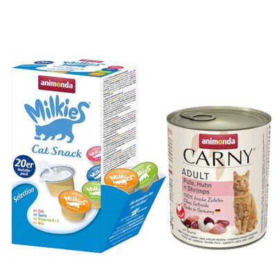 animonda Kombi-Paket: 12 x 800 g Carny Adult + 20 x 15 g Milkies Selection Pute, Huhn & Shrimps + Milkies Snack (4 Sorten)