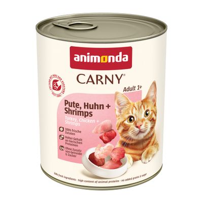 Animonda Carny Adult Rind + Huhn, 12 konzerv po 800 g. Na embalaži: 100 % frische Zutaten, Ohne Getreide, Made in Germany. Slika mačke in koščkov mesa.