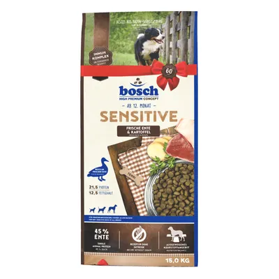 Bosch Sensitive pienso para perros a partir de 12 meses, pato fresco y patata, 45% pato, sin cereales, equilibrio nutricional, paquete de 15 kg. Proteína 21,5%, grasa 12,5%.