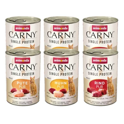 Lot de 6 boîtes Animonda Carny Single Protein Adult pour chat, variétés visibles : Pute Pur, Huhn Pur, Rind Pur. Textes en allemand sur les étiquettes.