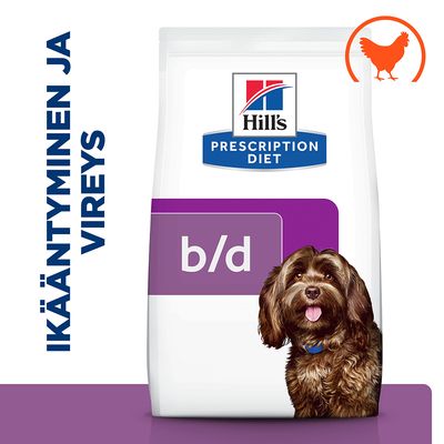 Hill's Prescription Diet b/d koiranruokapakkaus, teksti: ikääntyminen ja vireys, oranssi kanan siluetti, ruskea koira edessä