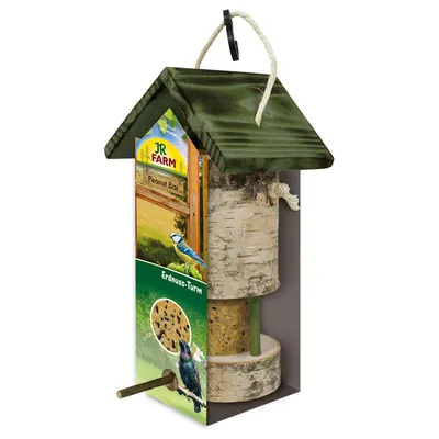 Distributeur pour oiseaux JR Farm Peanut Bar Erdnuss-Turm, bois avec toit vert, emballage montrant des images d’oiseaux et de graines visibles à travers une fenêtre ronde.