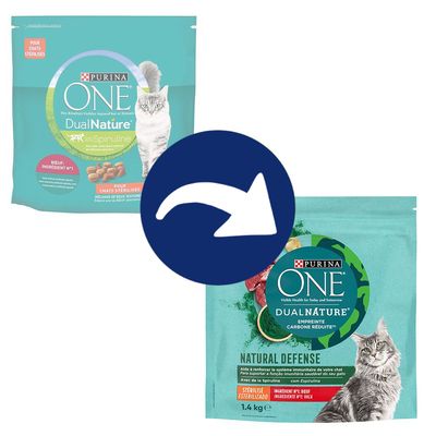 Confronto tra due confezioni di Purina ONE DualNature per gatti sterilizzati, visibili nomi dei prodotti e diciture: spirulina, bœuf ingrédient n°1, natural defense, 1,4 kg.
