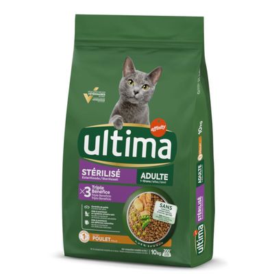 Ultima Sterilisierte Adult 3 kg, affinity, Gewichts­kontrolle, mit Huhn. Immagine di un gatto grigio, pollo crudo, piselli e carote. Testo in tedesco.