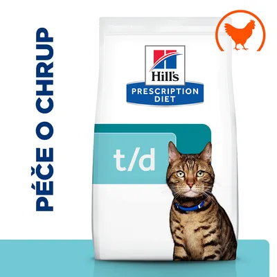 Hill's Prescription Diet t/d pre mačky, starostlivosť o chrup, obrázok mačky a symbol kurčaťa. Text v češtine: Péče o chrup.