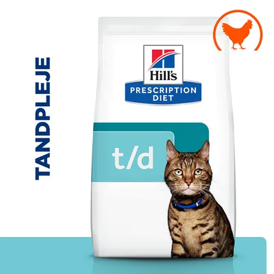 Hill's Prescription Diet t/d kattemad, billede af kat, teksten TANDPLEJE og et orange kyllingesymbol øverst til højre på posen.