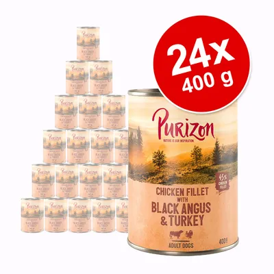 Purizon Chicken Fillet with Black Angus & Turkey natvoer voor volwassen honden, 24 blikken à 400 g. Op het etiket: 45% chicken fillet. Voorraadverpakking zichtbaar.