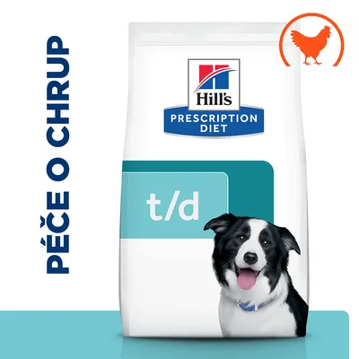 Hill's Prescription Diet t/d, balenie s obrázkom psa, text 'PÉČE O CHRUP', symbol sliepky v oranžovom kruhu. Text na obale je v češtine.
