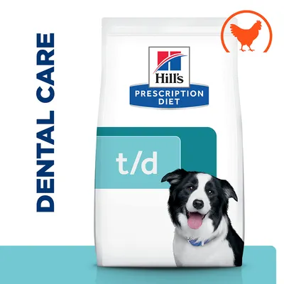 Hill's Prescription Diet t/d hrana za pse, natpis DENTAL CARE, slika psa i simbol narančaste kokoši u kutu ambalaže.