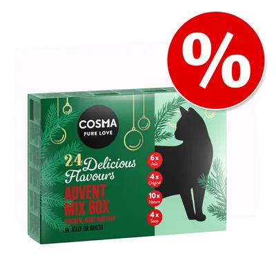 COSMA PURE LOVE 24 Delicious Flavours Advent Mix Box, 6× Asia, 4× Original, 10× Nature, 4× Soup. Sleva označená symbolem %.