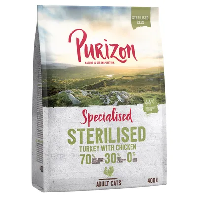 Purizon Sterilised Cats, Specialised Turkey with Chicken, 70% carne, 30% legume și ierburi, 0% cereale, 44% proteină de înaltă calitate, pentru pisici adulte sterilizate, 400g.