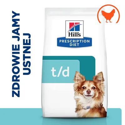 Hill's Prescription Diet t/d karma dla psa, napis ZDROWIE JAMY USTNEJ, symbol kurczaka w prawym górnym rogu opakowania.