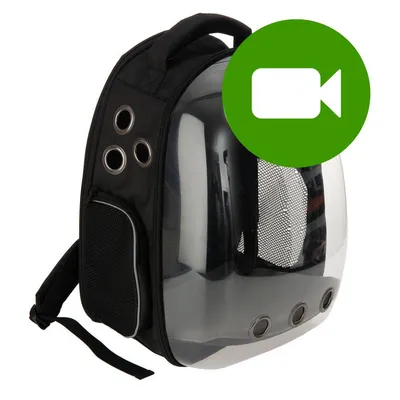 Przycisk odtwarzania filmu prezentującego czarny plecak transportowy z przezroczystym przodem i otworami wentylacyjnymi. Kliknij, aby obejrzeć wideo produktu.