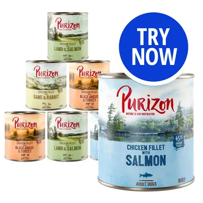 Purizon tins with flavours: chicken fillet with salmon, lamb and salmon, game and rabbit, black angus and turkey. Blue circle with white text reads 'Try Now'.