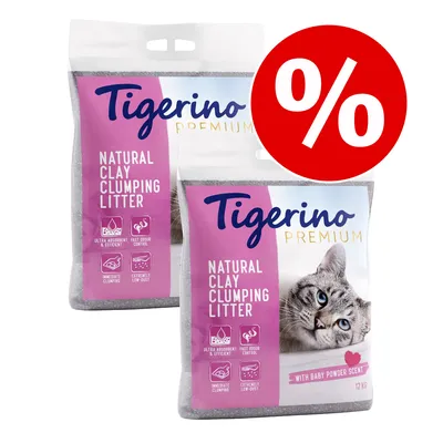 Kaksi Tigerino Premium Natural Clay Clumping Litter -kissanhiekkapussia, 12 kg, baby powder scent. Tarjousmerkintä prosenttimerkillä näkyvissä.
