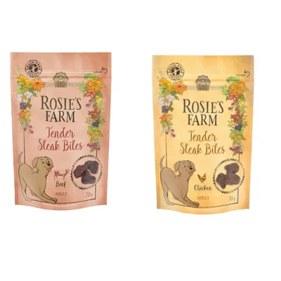 Deux sachets Rosie’s Farm Tender Steak Bites pour chien adulte, saveurs bœuf et poulet, 70 g chacun, texte visible : grain-free recipe, beef, chicken.