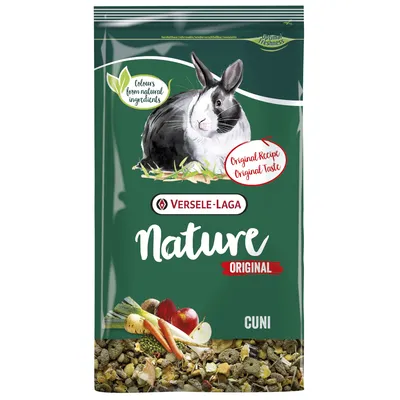 Versele-Laga Nature Original Cuni. Kaninfoder med färger från naturliga ingredienser, originalrecept och smak. Visar grönsaker och en kanin.