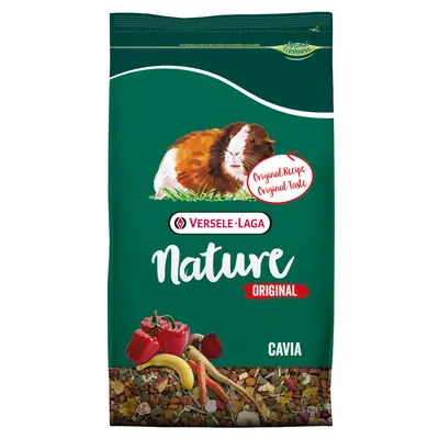 Versele-Laga Nature Original Cavia, Original Recipe Original Taste, billede af marsvin og grøntsager på emballagen. 2,5 kg synligt nederst.