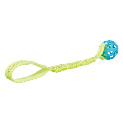 Leksak med elastiskt gult band och blå boll av plast, lämplig för interaktiv lek.