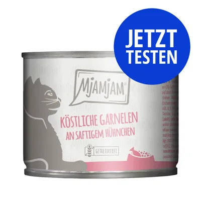 MjAMjAM Köstliche Garnelen an saftigem Hühnchen, getreidefrei. Blauer Kreis mit Text: JETZT TESTEN.