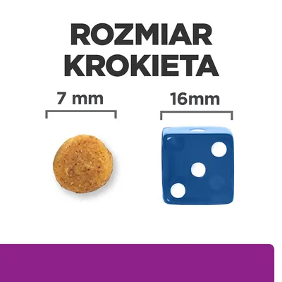Rozmiar krokieta: średnica 7 mm, porównanie z kostką do gry o boku 16 mm. Widoczny okrągły krokiet i niebieska kostka.
