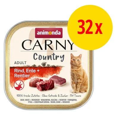 Animonda Carny Country Adult Rind, Ente + Rentier, confezione da 32 vaschette. Testo visibile: 100% frische Zutaten, Ohne Getreide & Zucker, Mit Taurin. Animonda Carny Country Adult Rind, Ente + Rentier, confezione da 32 vaschette. Testo visibile: 100% frische Zutaten, Ohne Getreide & Zucker, Mit Taurin.