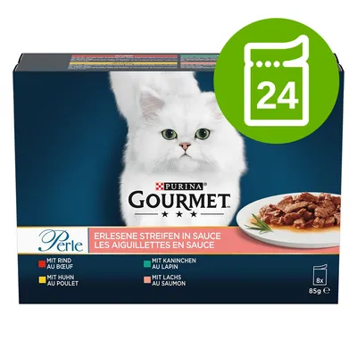 Purina Gourmet Perle, 24 saszetki po 85 g. Smaki: z wołowiną, kurczakiem, królikiem, łososiem. Na opakowaniu biały kot i zdjęcie karmy w sosie. Purina Gourmet Perle, 24 saszetki po 85 g. Smaki: z wołowiną, kurczakiem, królikiem, łososiem. Na opakowaniu biały kot i zdjęcie karmy w sosie.