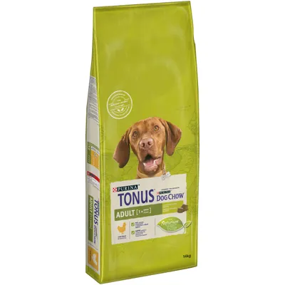 Sacchetto da 14 kg di Purina Tonus Dog Chow Adult con pollo, per cani adulti, visibile il logo Naturium e l'immagine di un cane sulla confezione.