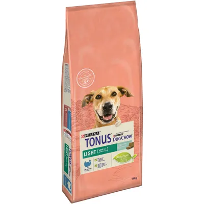 Sacchetto di cibo per cani Purina Tonus Dog Chow Light adult, visibile etichetta con pollo, natrium, peso 14 kg e immagine di cane sul fronte.