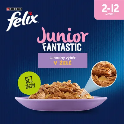 Jumbobalení Felix Fantastic Junior kapsičky 12x85 g - 48 x 85 g - hovězí, kuře, sardinky, losos v želé