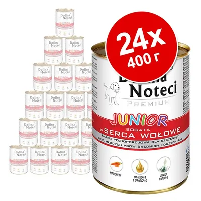 Dolina Noteci Premium Junior, 24×400 г консерви за кучета. Видими икони: морков, омега-3 и омега-6, юка. Текст на полски език върху опаковката. Dolina Noteci Premium Junior, 24×400 г консерви за кучета. Видими икони: морков, омега-3 и омега-6, юка. Текст на полски език върху опаковката.