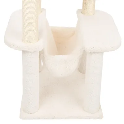 Arbre à chat beige avec poteaux recouverts de sisal, deux plateformes et un hamac central en tissu doux. Base carrée, structure adaptée pour grimper et se reposer.