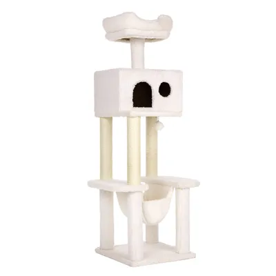 Krabpaal van wit pluche met meerdere plateaus, een huisje met twee openingen, sisalpalen en een hangmat. Bovenop een verhoogd ligbed. Materiaal: pluche en sisal.