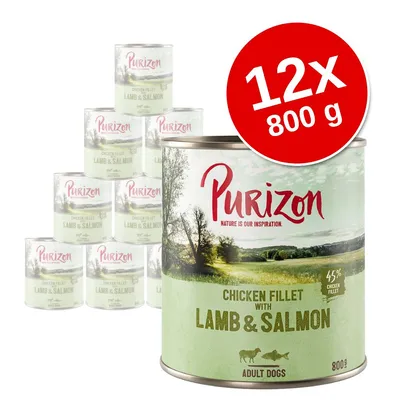 Purizon Chicken Fillet with Lamb & Salmon dla dorosłych psów, 12 puszek po 800 g, 45% filet z kurczaka. Widoczne opakowania produktu.